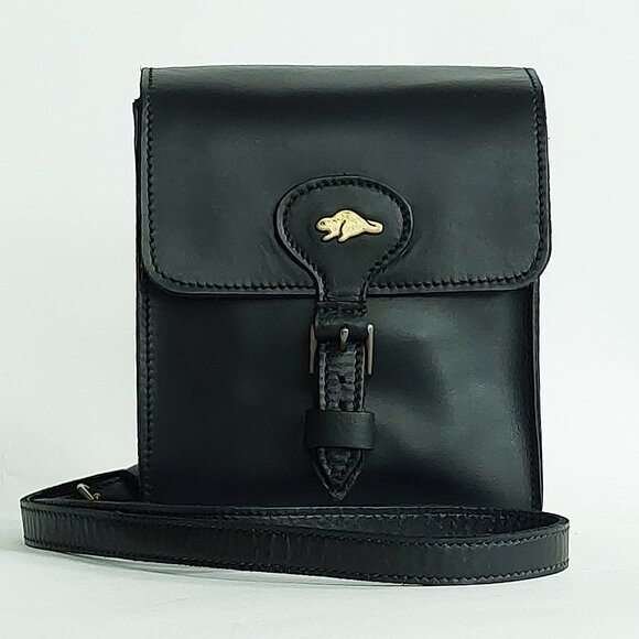 🦫🇨🇦Roots Vintage Rectangular Black Raw Leather Crossbody - Picture 2 of 11
